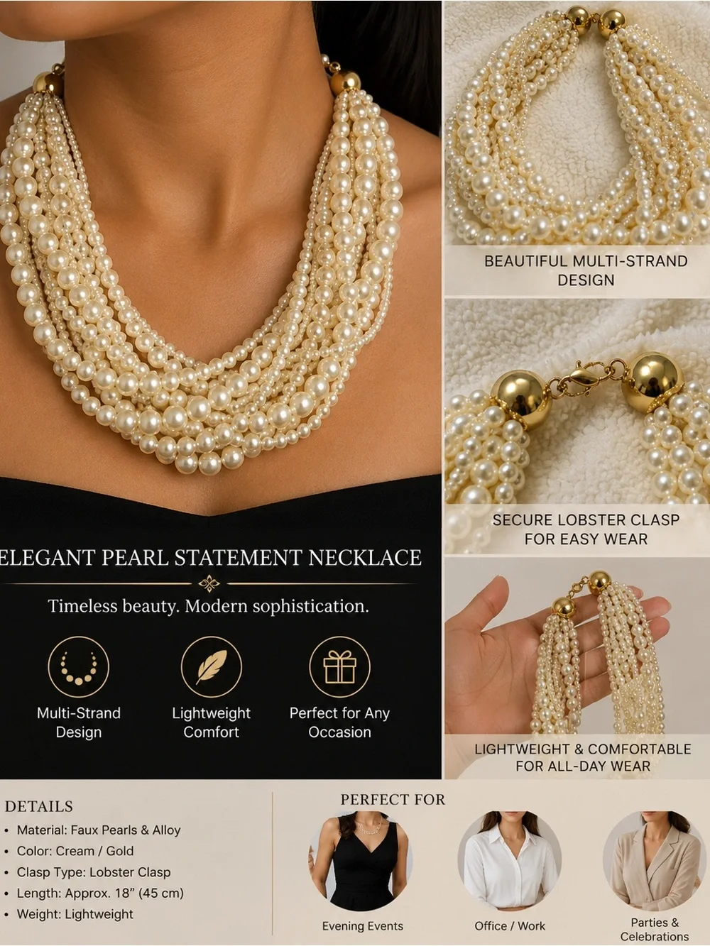 Elegant Cream Multi-Strand Pearl Statement Necklace-vintage inspired